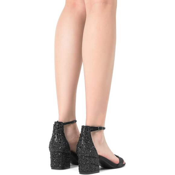 Dream Pairs Women's Black/Rhinestone Chunky Block Heel Ankle Strap Sandals Shoes - Picture 7 of 7